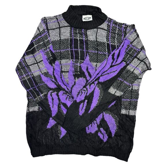 Classic Essentials Black Purple Mock Neck 80s Cosby Sweater Womens Size 10 USA - Picture 1 of 7